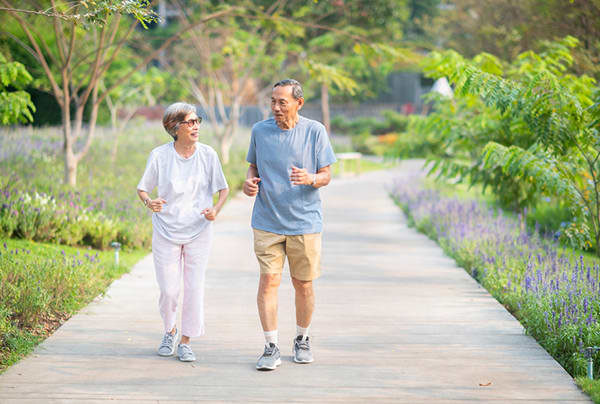 A senior couple jogging down a path